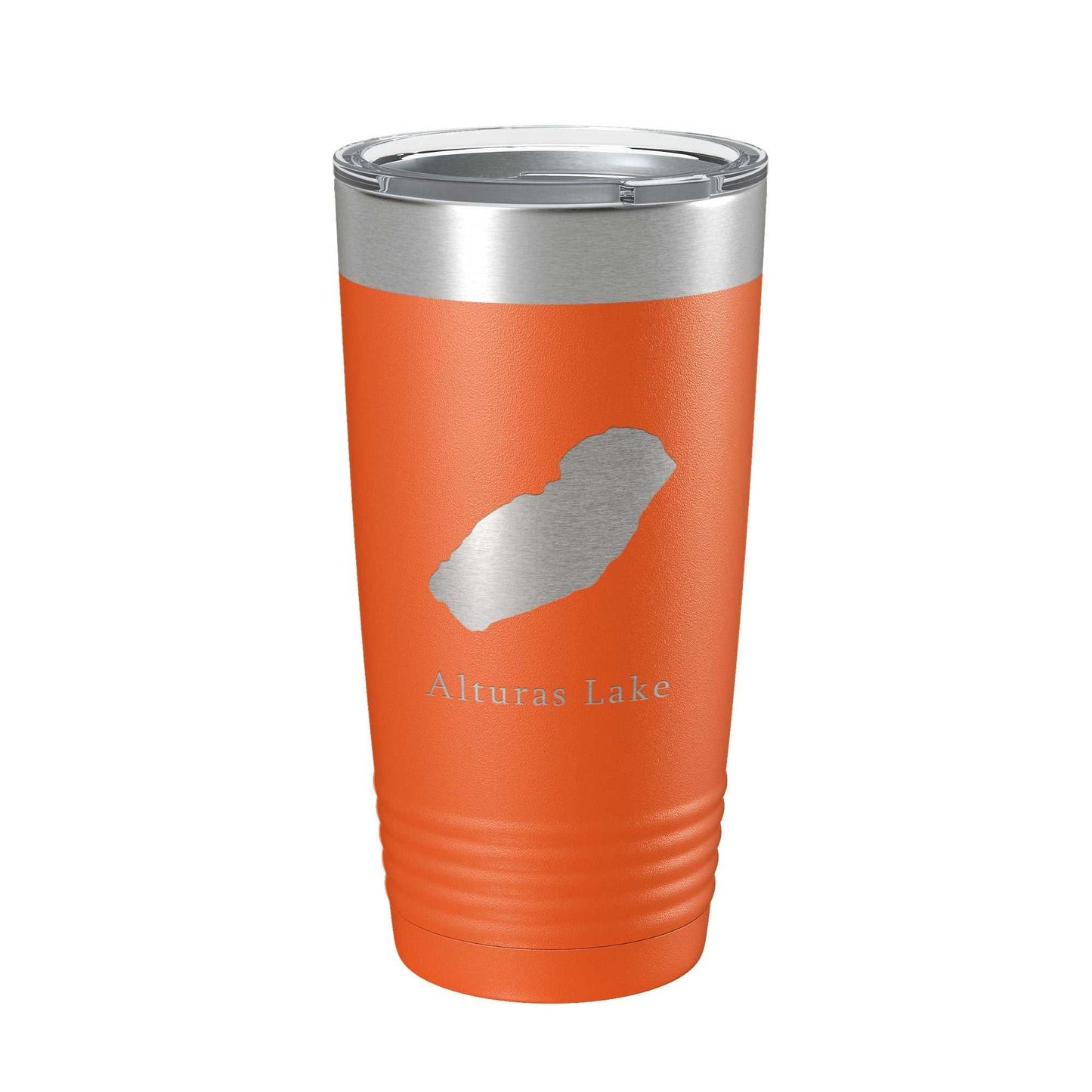 Orange Alturas Lake Map Tumbler travel mug with laser-etched stainless steel design and clear lid, 20 oz insulated coffee cup