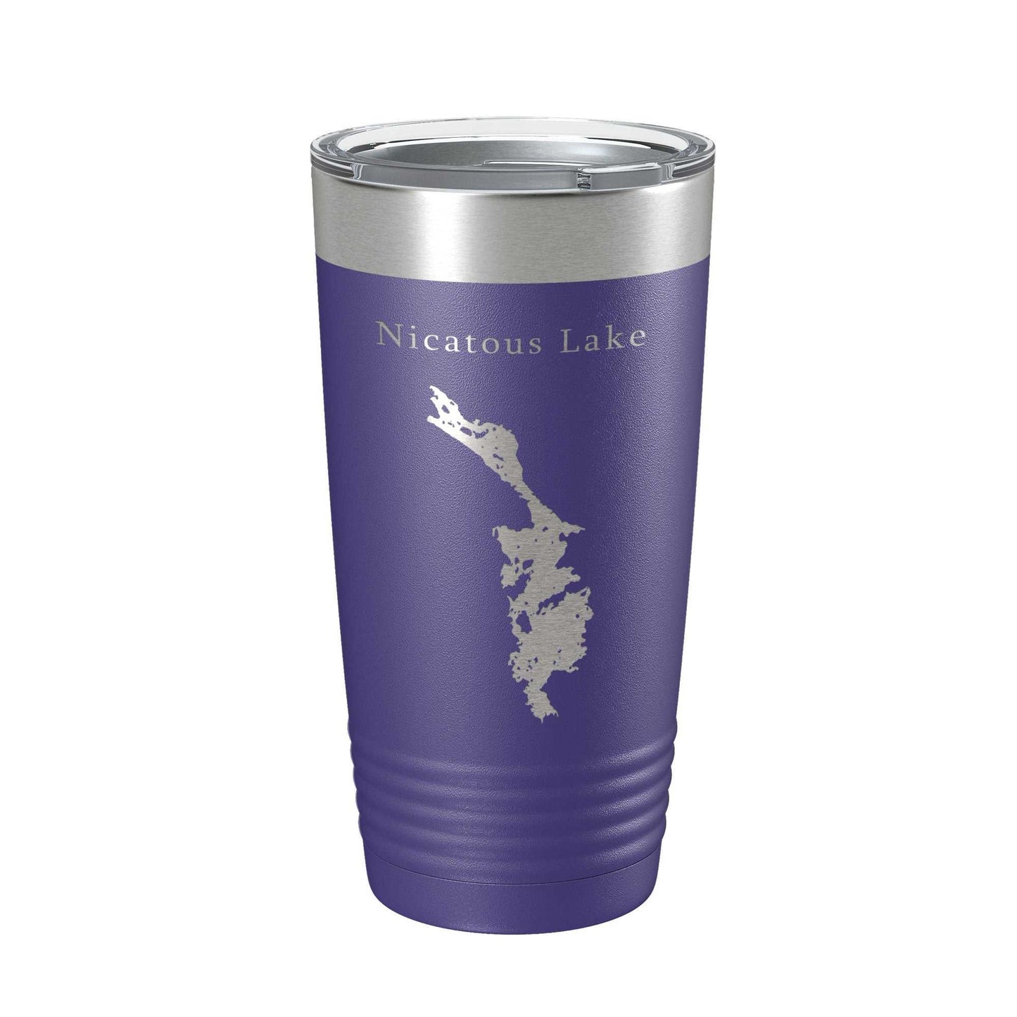 Purple insulated travel mug with Nicatous Lake map laser engraved, clear lid, 20 oz stainless steel tumbler