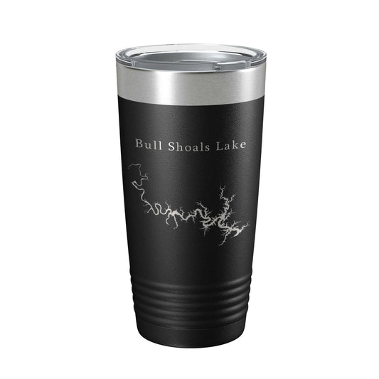 Black 20 oz insulated travel tumbler with laser engraved Bull Shoals Lake map, stainless steel with clear lid and double-wall vacuum insulation