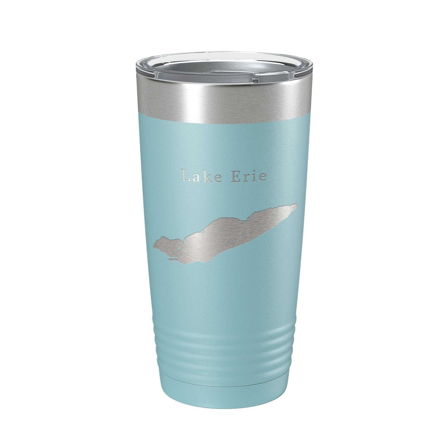 Blue stainless steel travel mug with laser engraved Lake Erie map and clear lid, insulated for hot and cold drinks, 20 oz capacity
