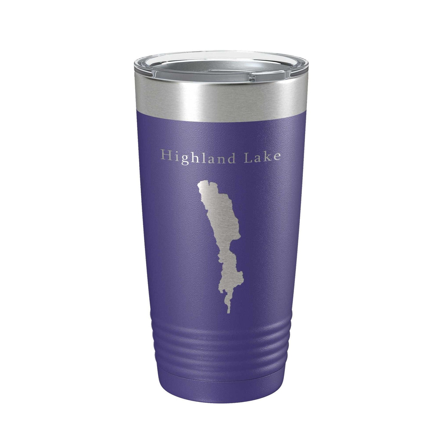 Purple Highland Lake Map Tumbler travel mug with laser-engraved design, insulated stainless steel, clear lid, 20 oz capacity