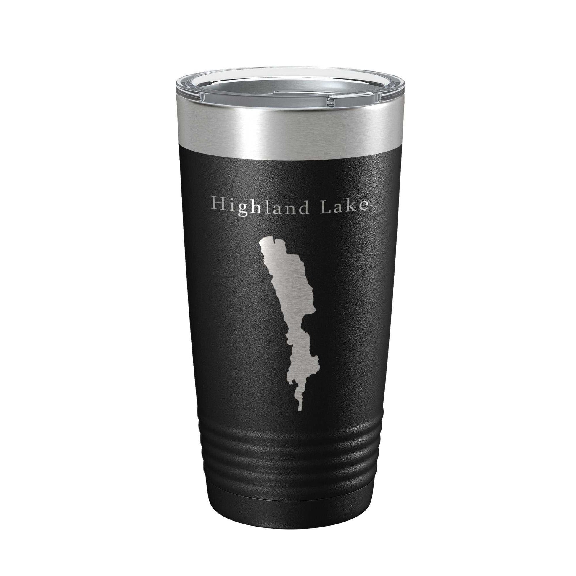 Black insulated Highland Lake Map Tumbler with silver laser-etched lake design and clear lid, 20 oz stainless steel travel mug