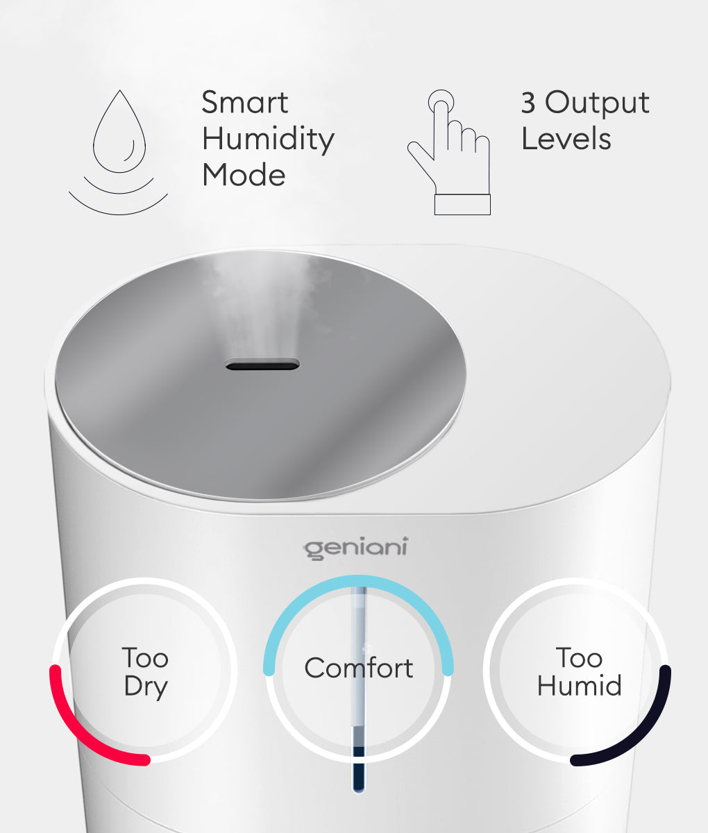 White bedroom humidifier with smart humidity mode, three output levels, and top mist vent design