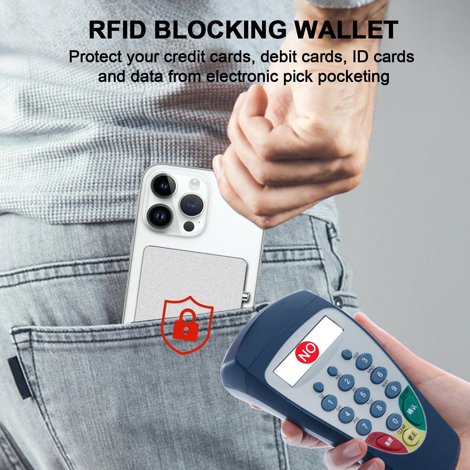 RFID blocking minimalist slim metal card holder wallet attached to smartphone with secure magnetic lock and adjustable stand for easy card access.