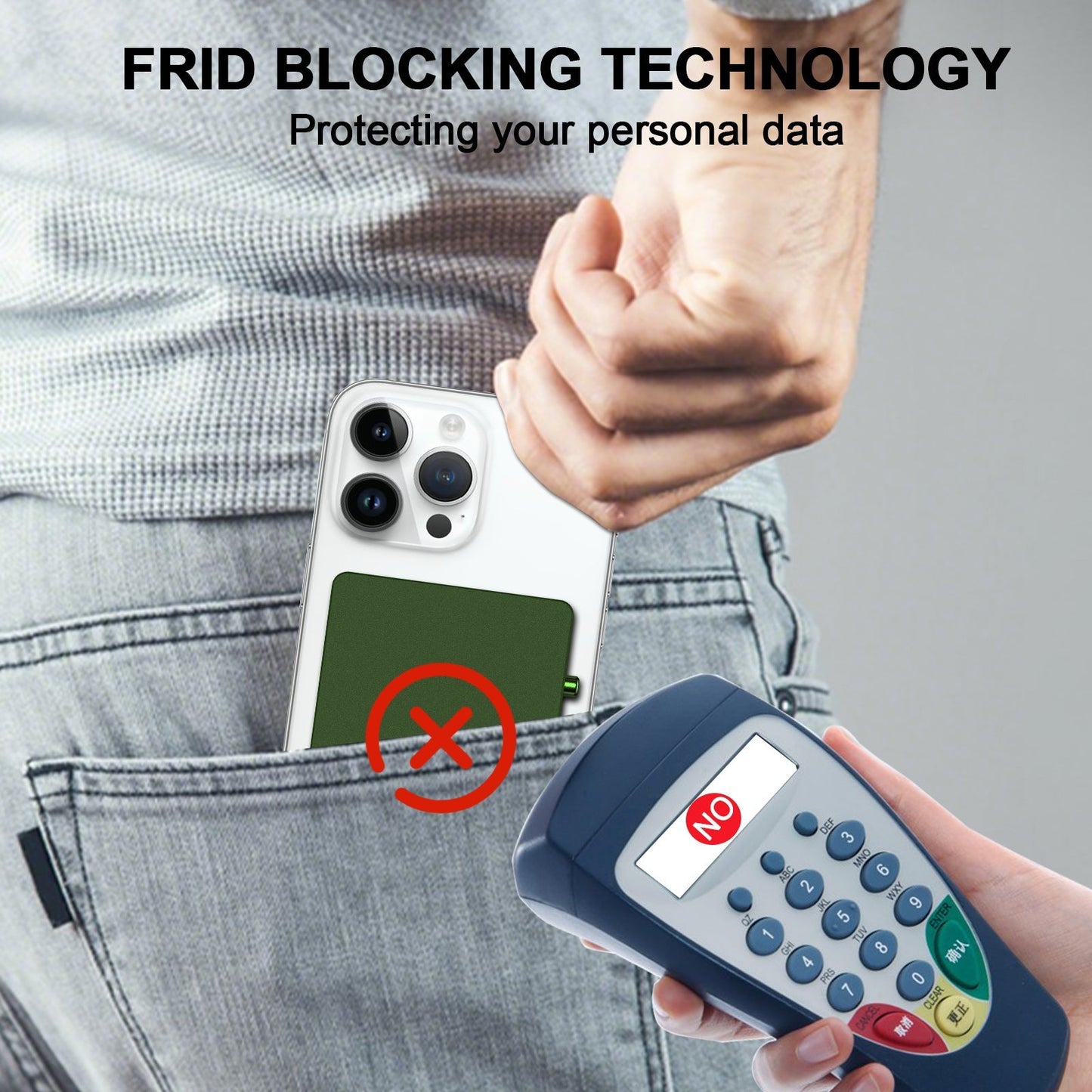 Minimalist pop up wallet with RFID blocking attached to phone, protecting cards from electronic theft.