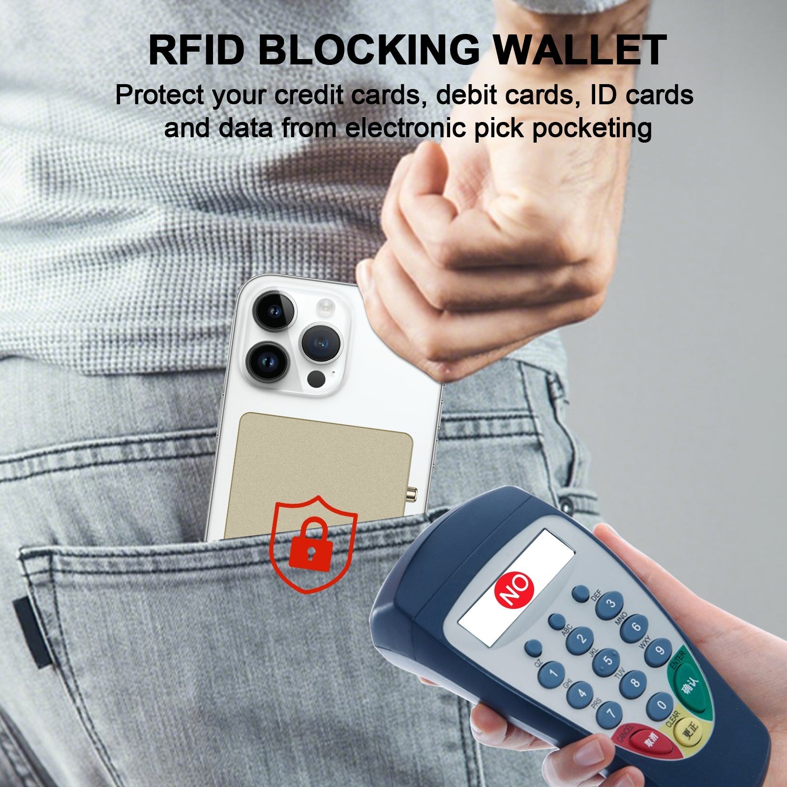 Slim all-aluminum pop up slide RFID blocking card holder wallet with Airtag holder being placed in a back pocket for electronic pickpocket protection