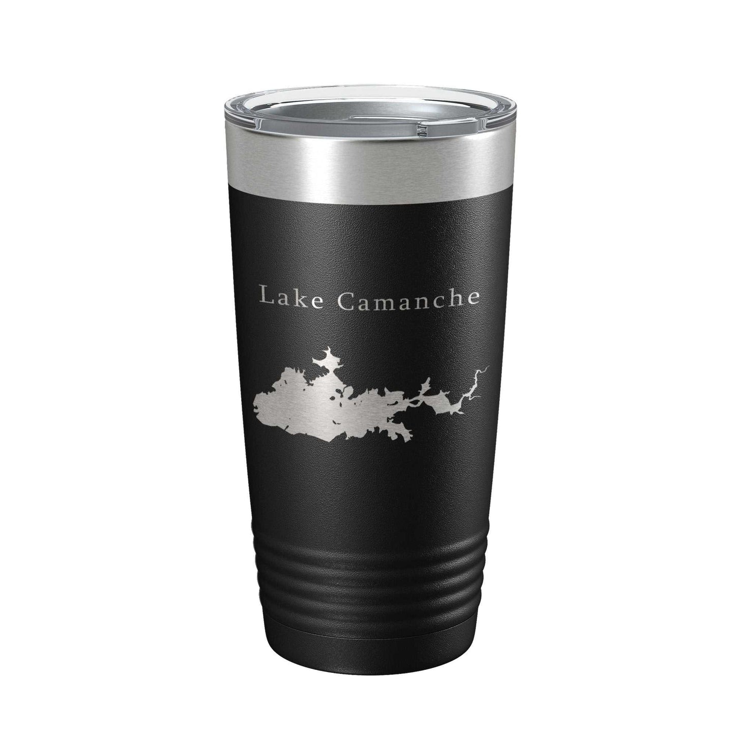 Black stainless steel Lake Camanche map travel tumbler with clear lid and laser-etched powder coat design, 20 oz capacity