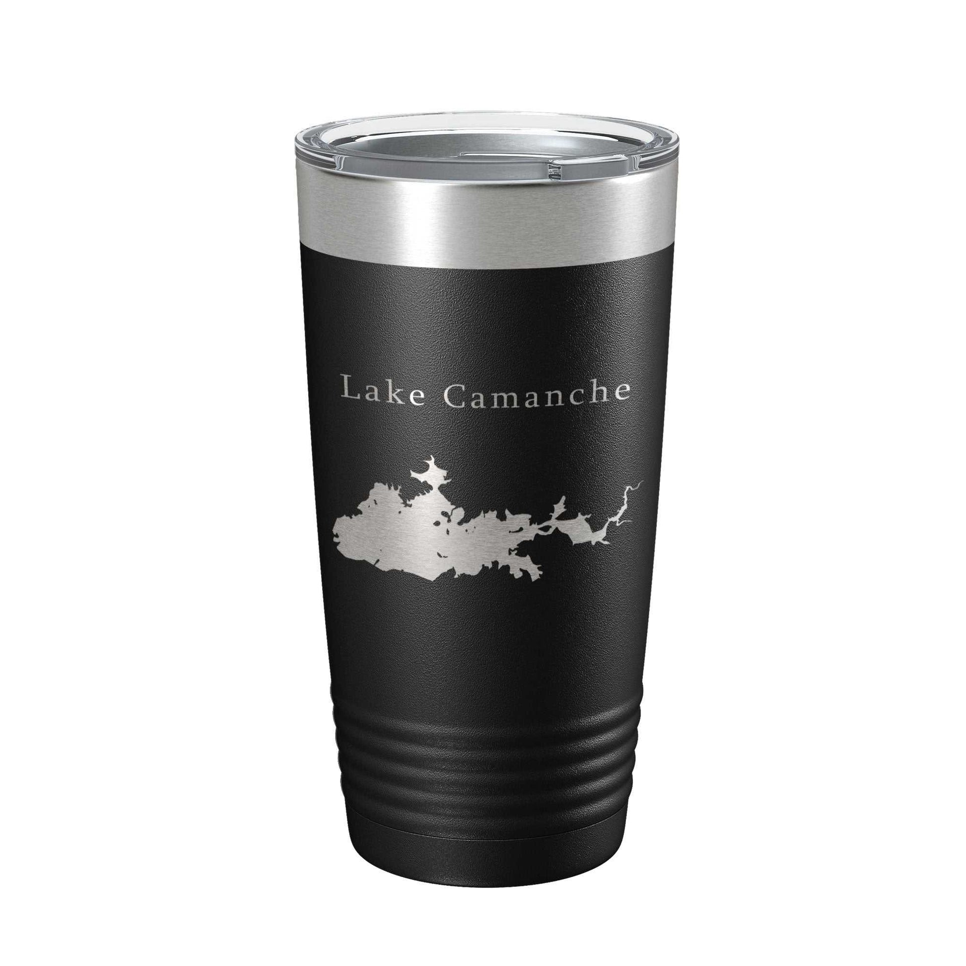 Black stainless steel Lake Camanche map travel tumbler with clear lid and laser-etched powder coat design, 20 oz capacity