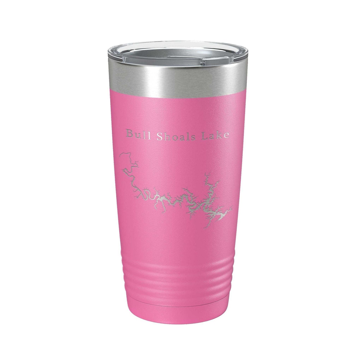 Pink Bull Shoals Lake Map insulated stainless steel travel tumbler with clear lid and narrow base, 20 oz capacity