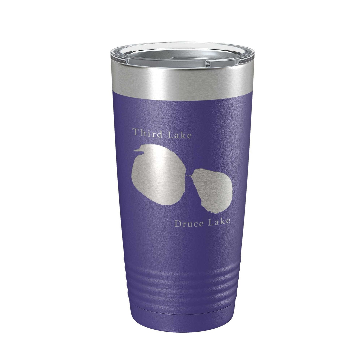 Purple stainless steel travel mug with laser engraved Third and Druce Lakes map, insulated and 20 oz capacity