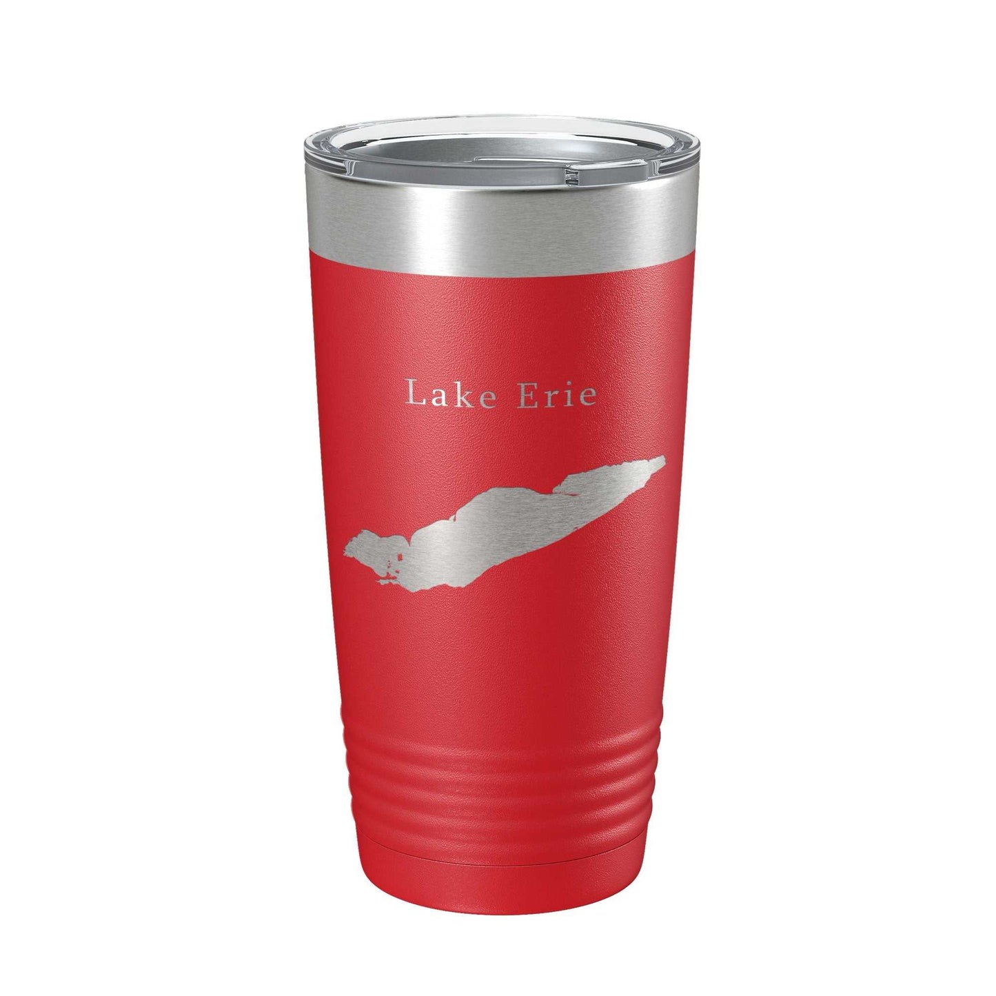 Red stainless steel Lake Erie map tumbler travel mug with insulated double-wall vacuum, clear lid, 20 oz capacity, laser engraved design
