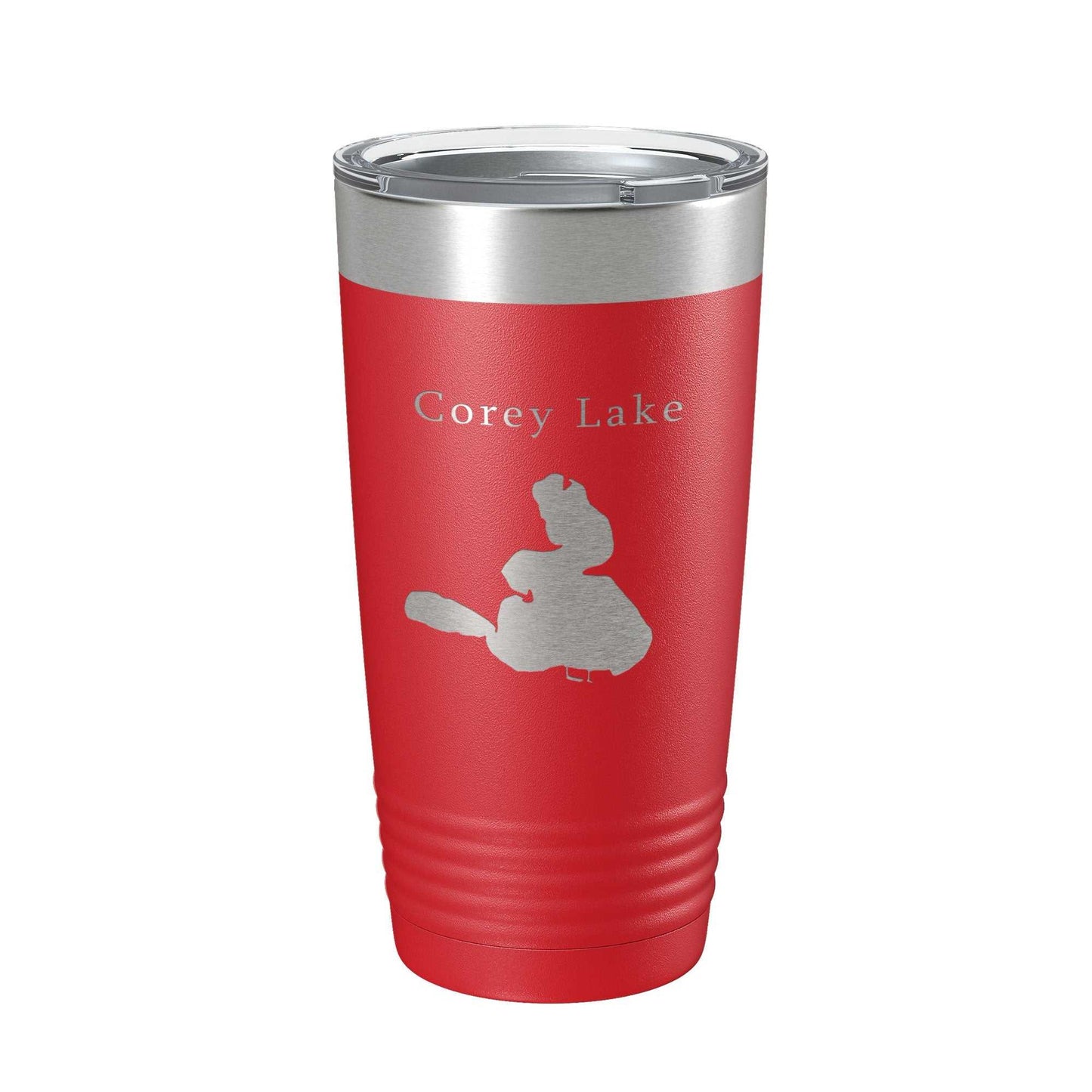 Red insulated travel mug with laser-engraved Corey Lake map and clear lid, 20 oz stainless steel tumbler
