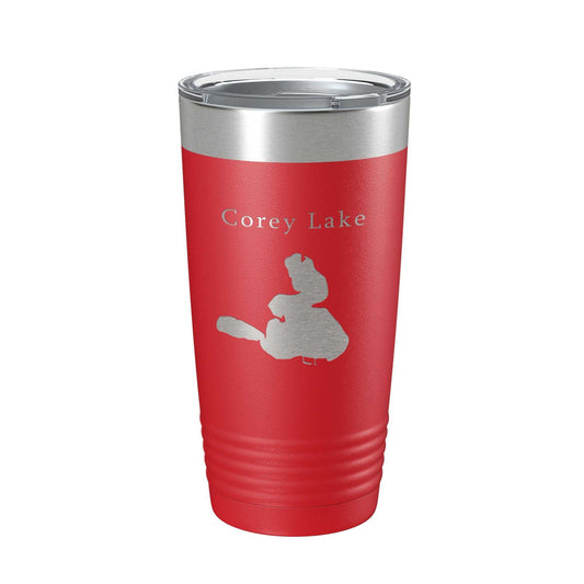 Red insulated travel mug with laser-engraved Corey Lake map and clear lid, 20 oz stainless steel tumbler