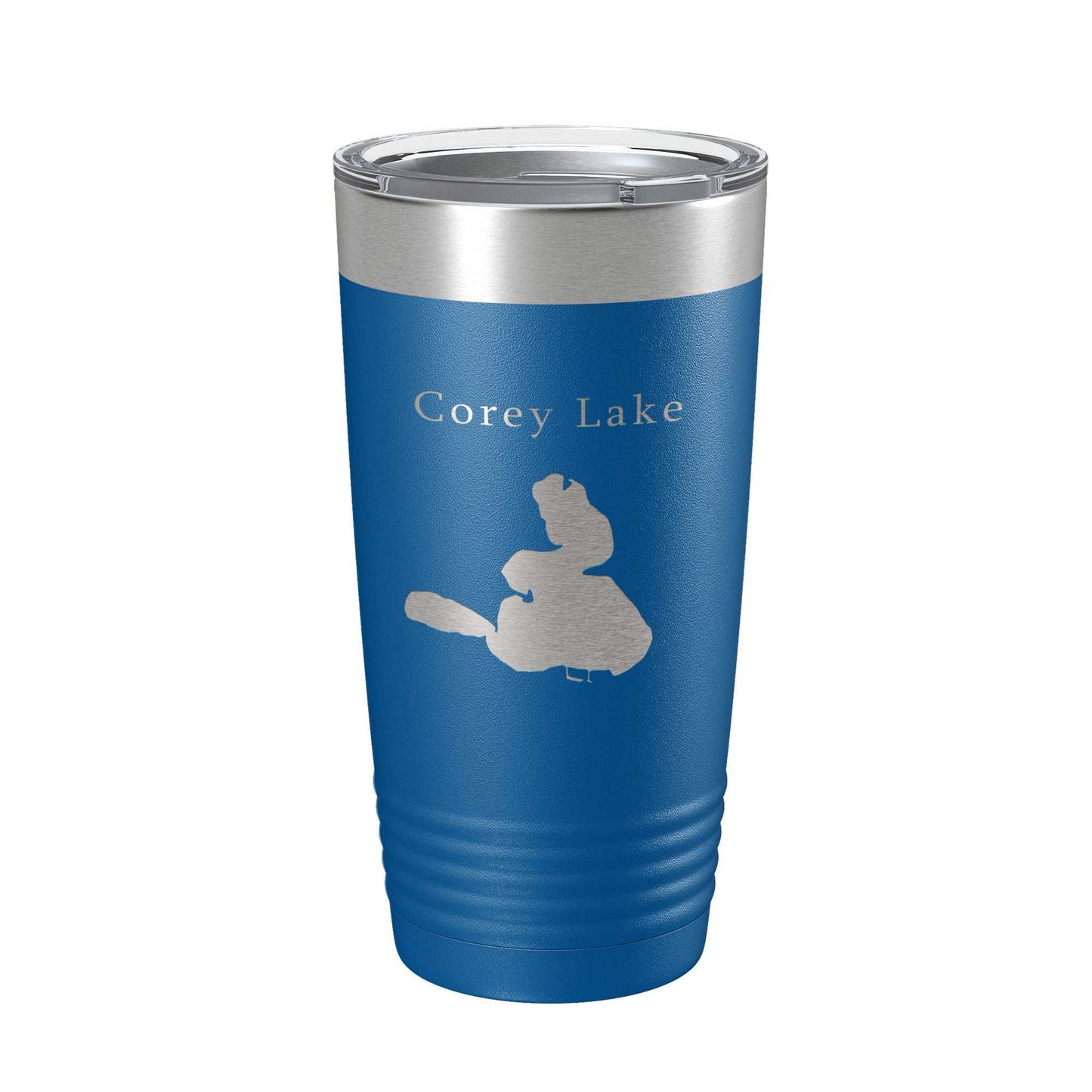 Corey Lake Map insulated stainless steel travel tumbler with laser-etched design and clear lid, 20 oz capacity