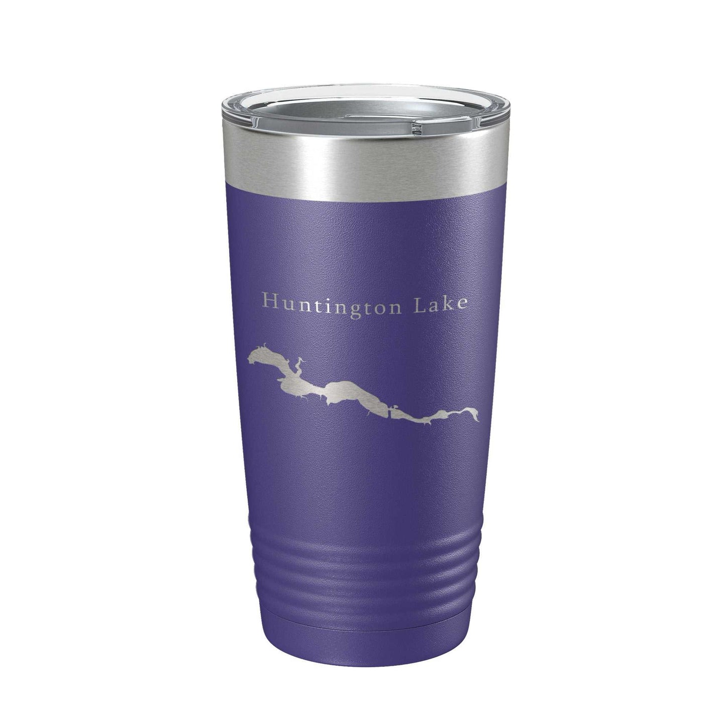 Huntington Lake Map purple insulated stainless steel travel tumbler with clear lid and laser-etched design