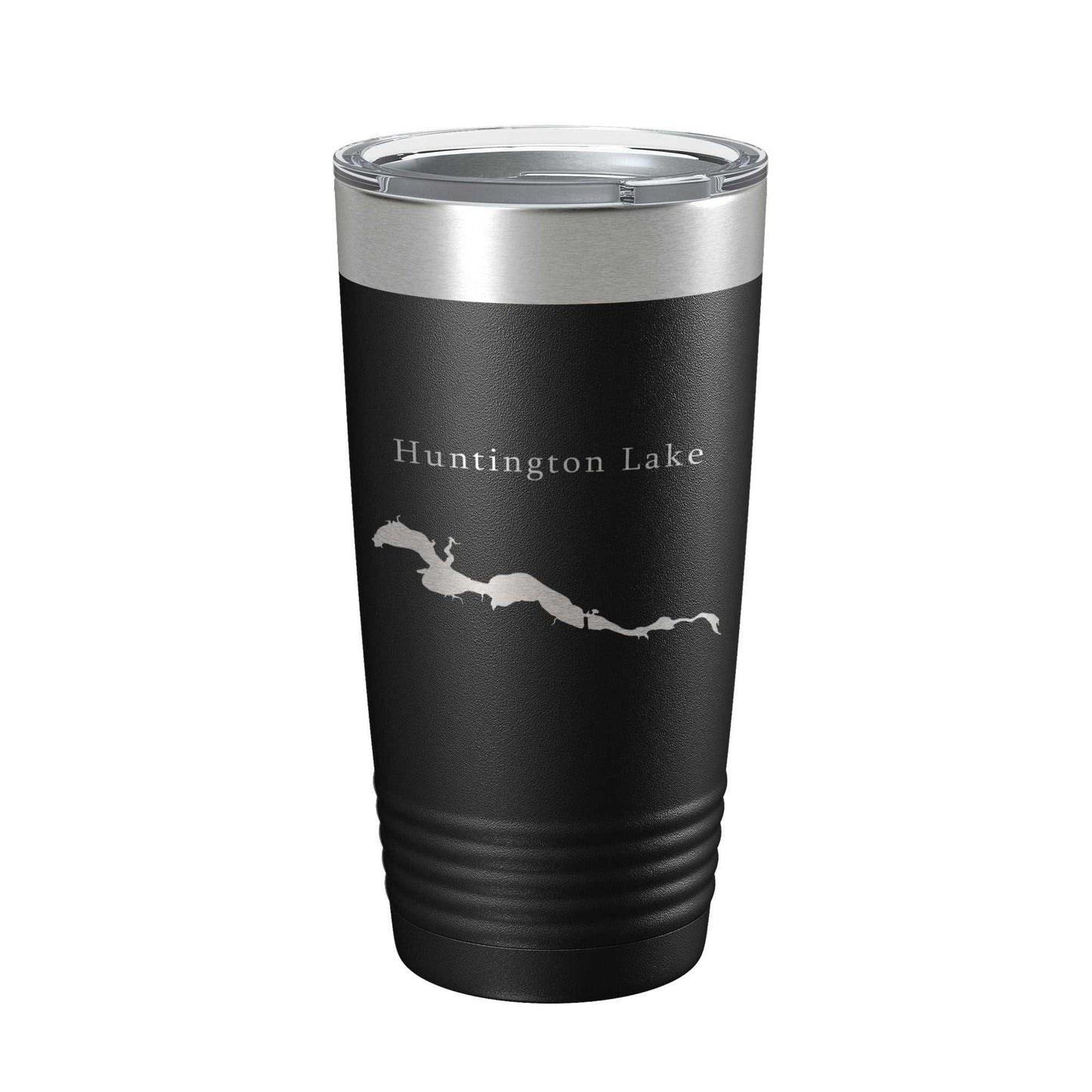 Huntington Lake map laser engraved insulated stainless steel travel tumbler with clear lid, 20 oz capacity, black powder coat finish