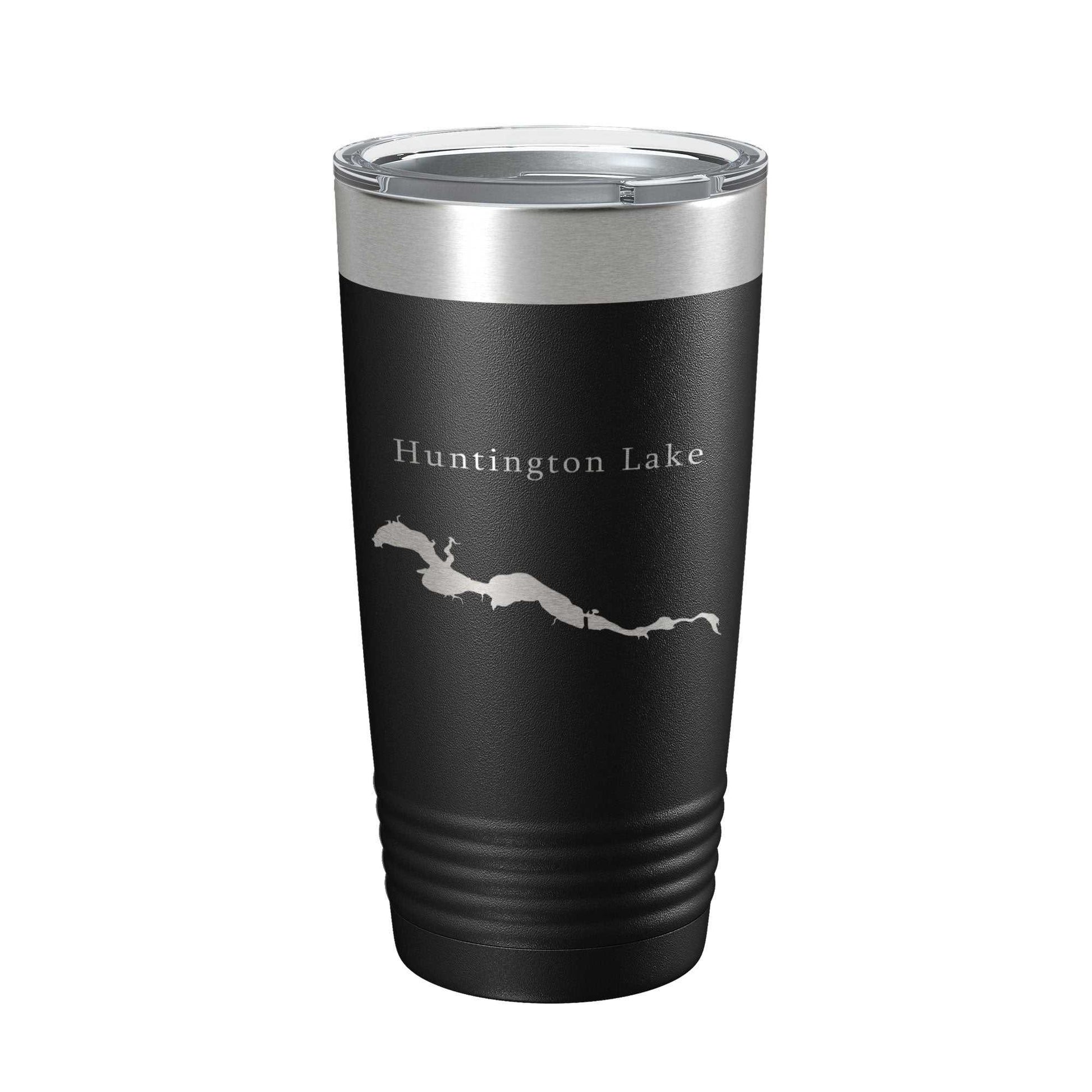 Huntington Lake map laser engraved insulated stainless steel travel tumbler with clear lid, 20 oz capacity, black powder coat finish