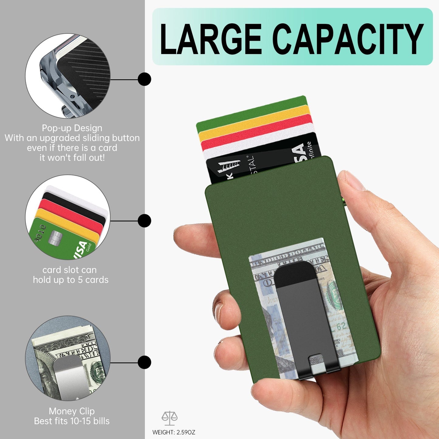 Minimalist pop up wallet with money clip, slim aluminum card holder holding up to 5 cards and cash, RFID blocking and secure sliding button design.