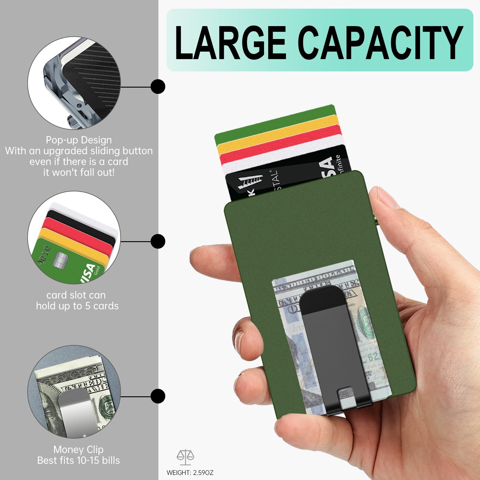 Minimalist pop up wallet with money clip, slim aluminum card holder holding up to 5 cards and cash, RFID blocking and secure sliding button design.