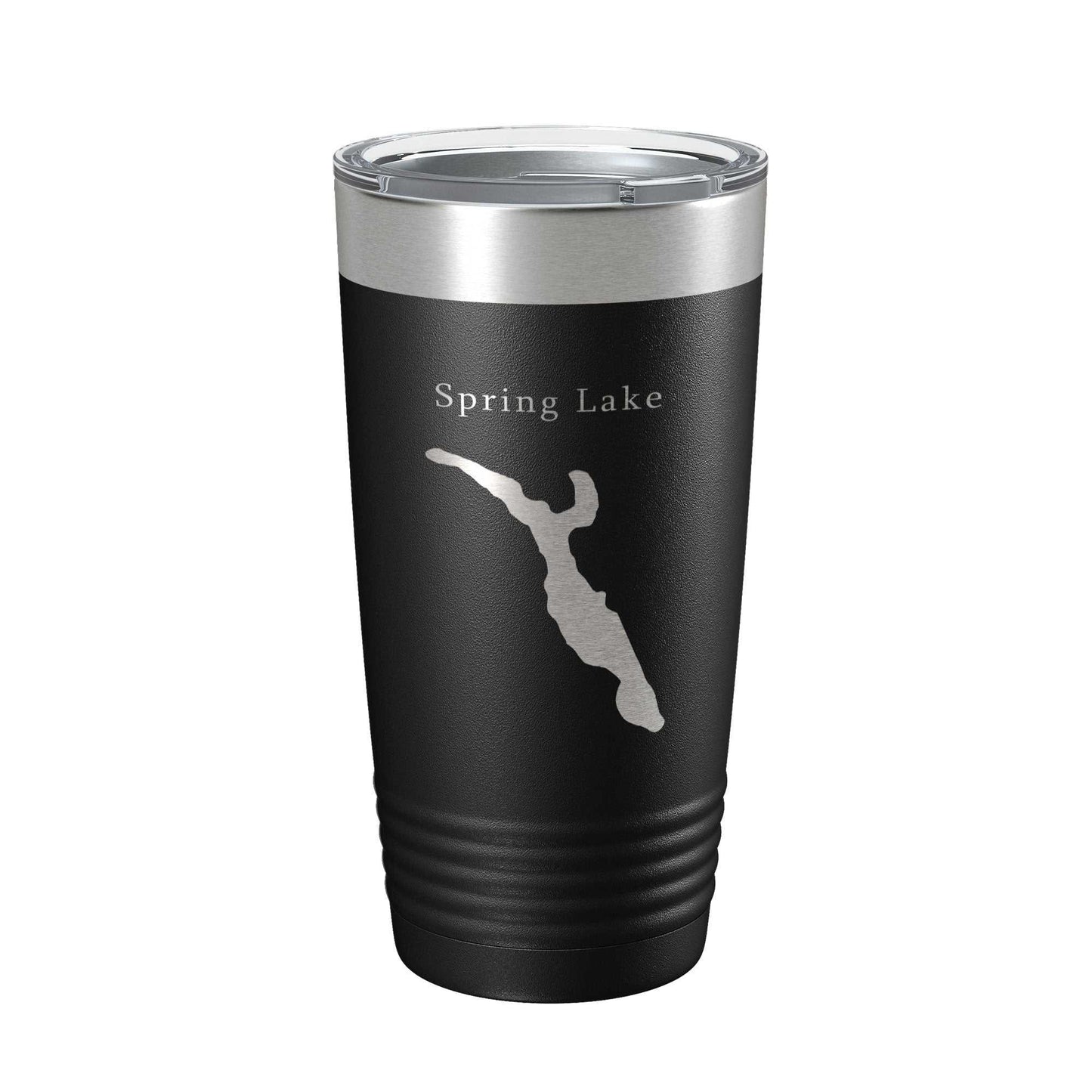 Black stainless steel travel mug with laser engraved Spring Lake Divine Park map and clear lid, insulated 20 oz coffee tumbler