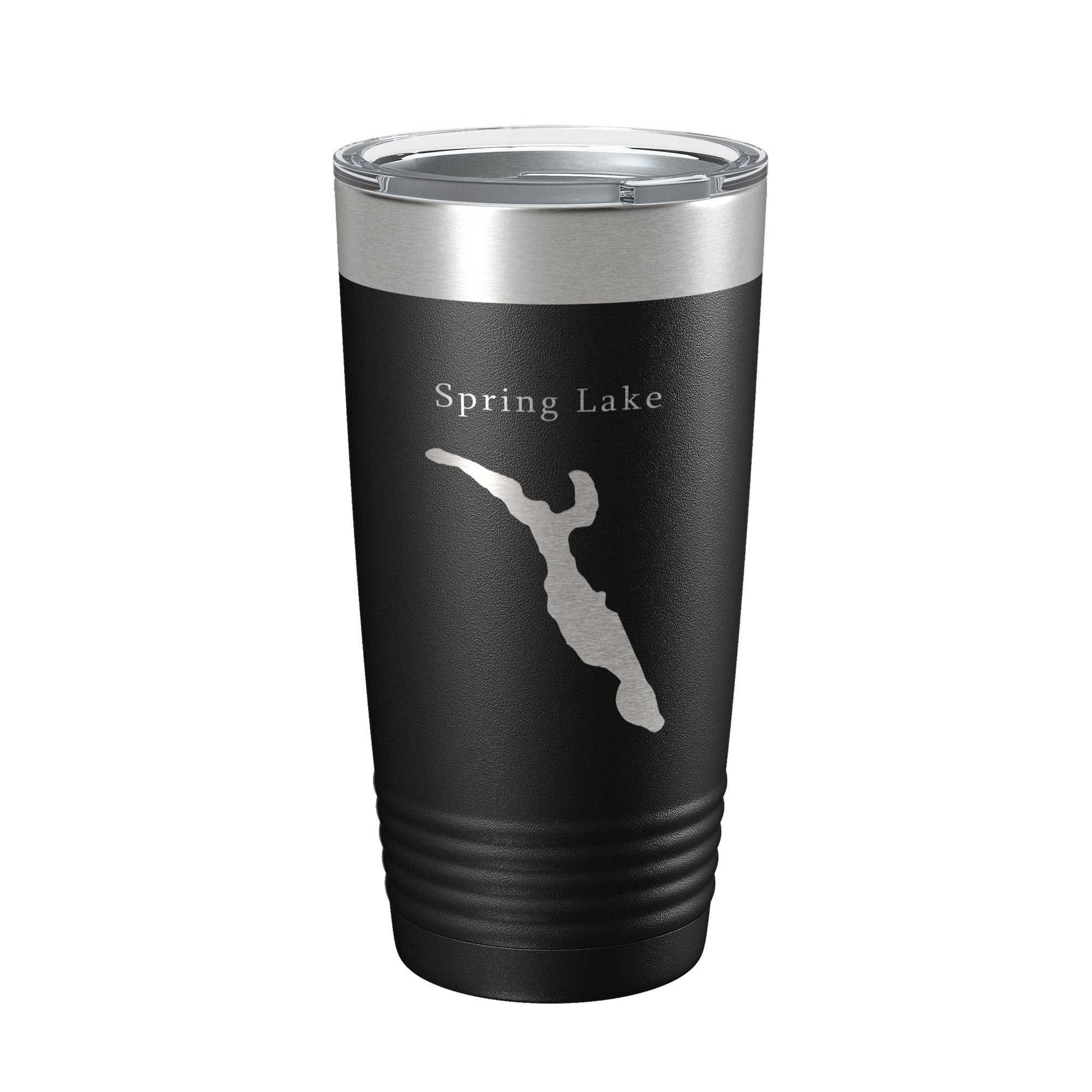 Black stainless steel travel mug with laser engraved Spring Lake Divine Park map and clear lid, insulated 20 oz coffee tumbler