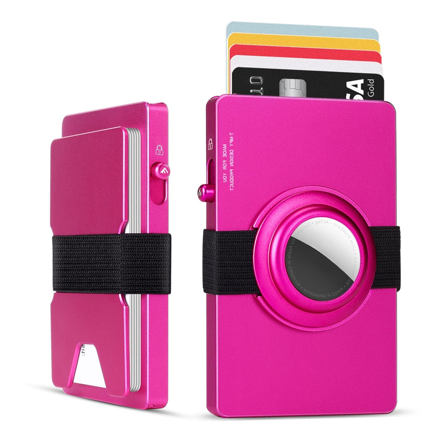 Pink all-aluminum pop up slide RFID card holder wallet with AirTag holder and elastic band, slim and compact design for quick access to cards.
