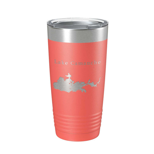 Lake Camanche Map laser engraved insulated stainless steel tumbler travel mug with clear lid, 20 oz capacity.