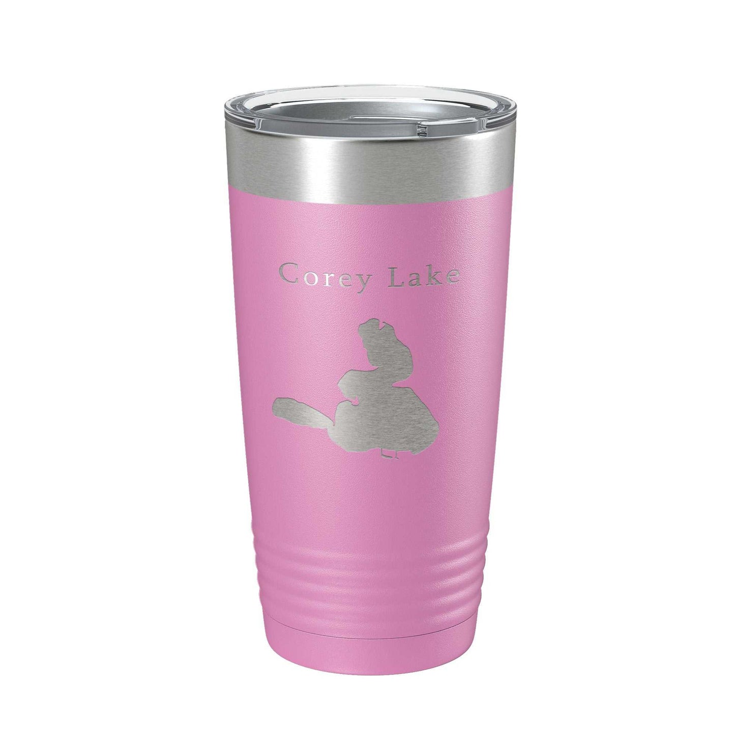 Corey Lake Map laser engraved insulated travel mug pink 20 oz stainless steel coffee tumbler with clear lid