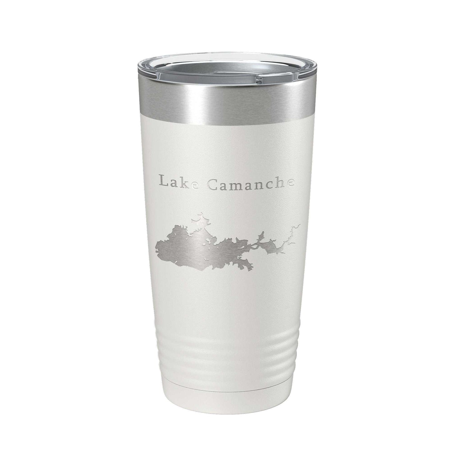 Lake Camanche Map laser engraved insulated stainless steel travel tumbler with clear lid, 20 oz capacity