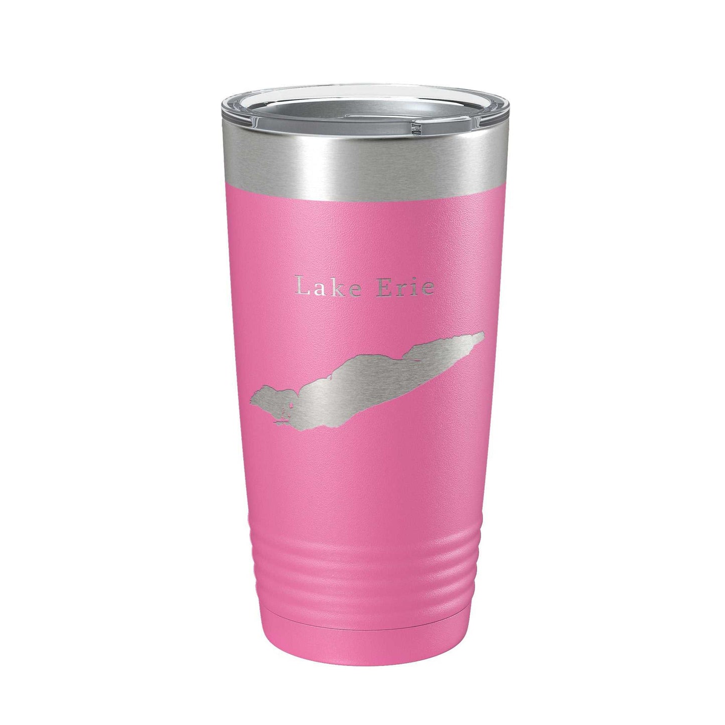 Pink Lake Erie map tumbler travel mug with laser-engraved stainless steel design and clear lid, 20 oz insulated coffee cup