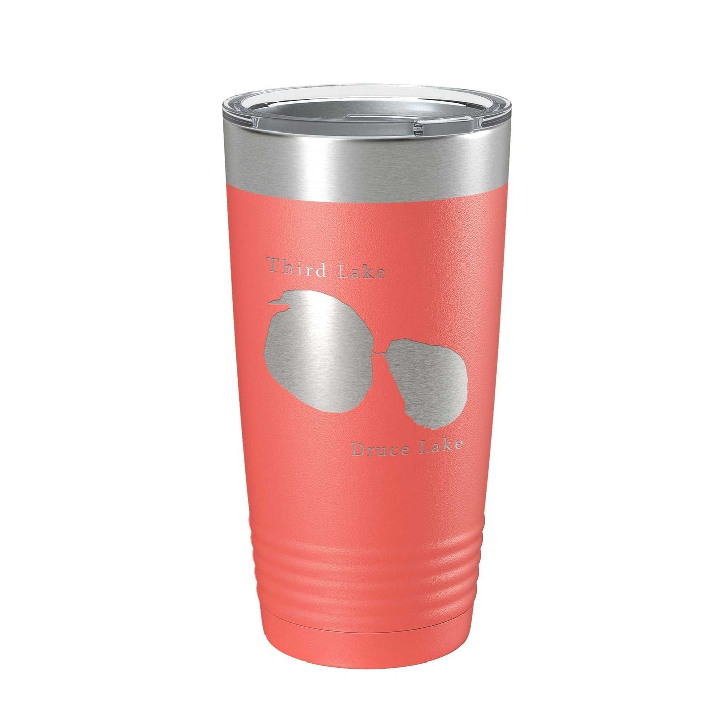 20 oz coral stainless steel tumbler with laser etched Third and Druce Lakes map and clear lid, insulated travel mug
