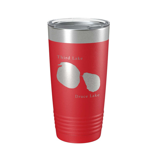 Red stainless steel tumbler with laser-etched Third and Druce Lakes map and clear lid, 20 oz insulated travel mug