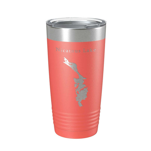 Coral insulated travel tumbler with laser-etched Nicatous Lake map and clear lid, 20 oz stainless steel coffee cup.
