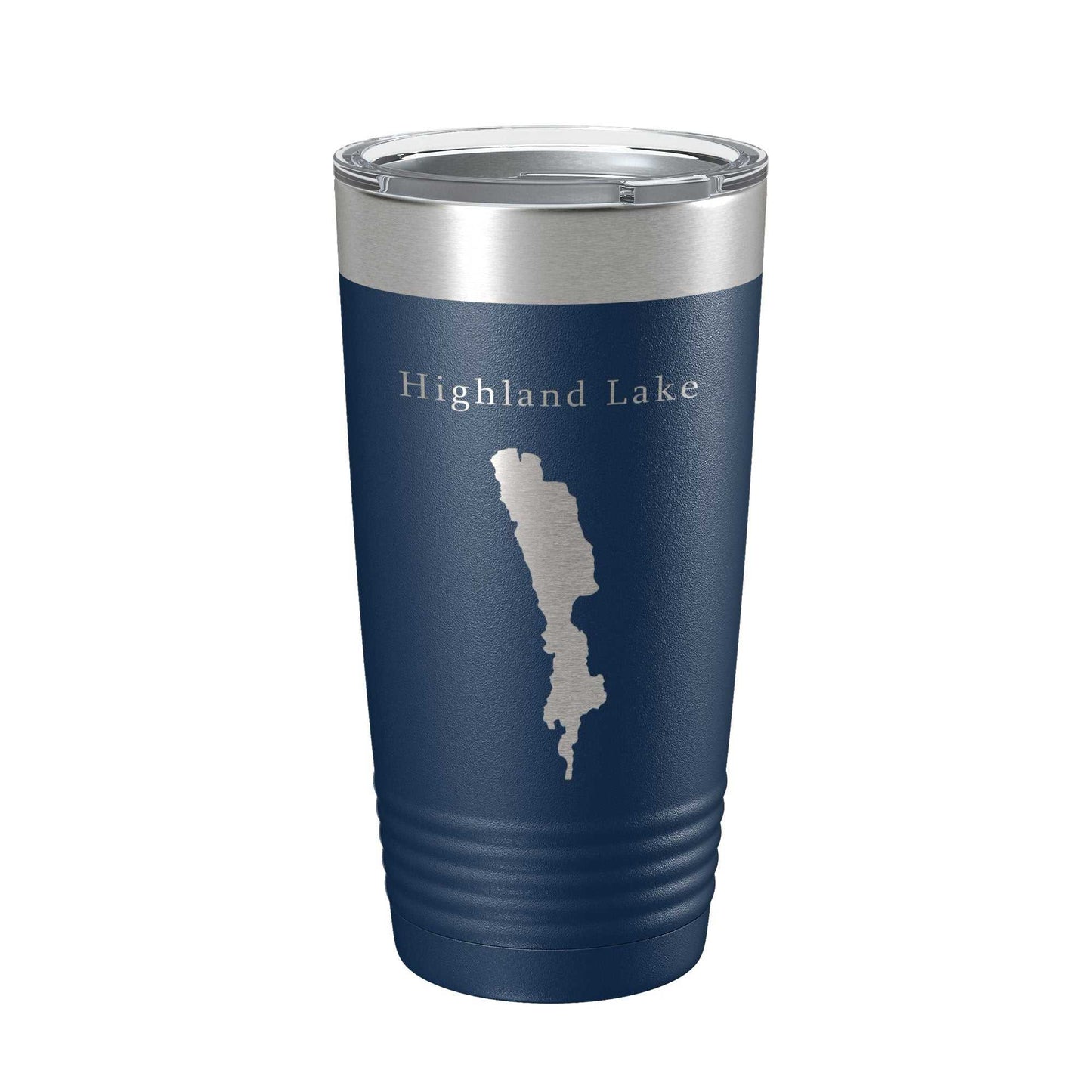 Highland Lake Map Tumbler travel mug with laser-etched map design, insulated stainless steel, 20 oz capacity, navy blue with clear lid