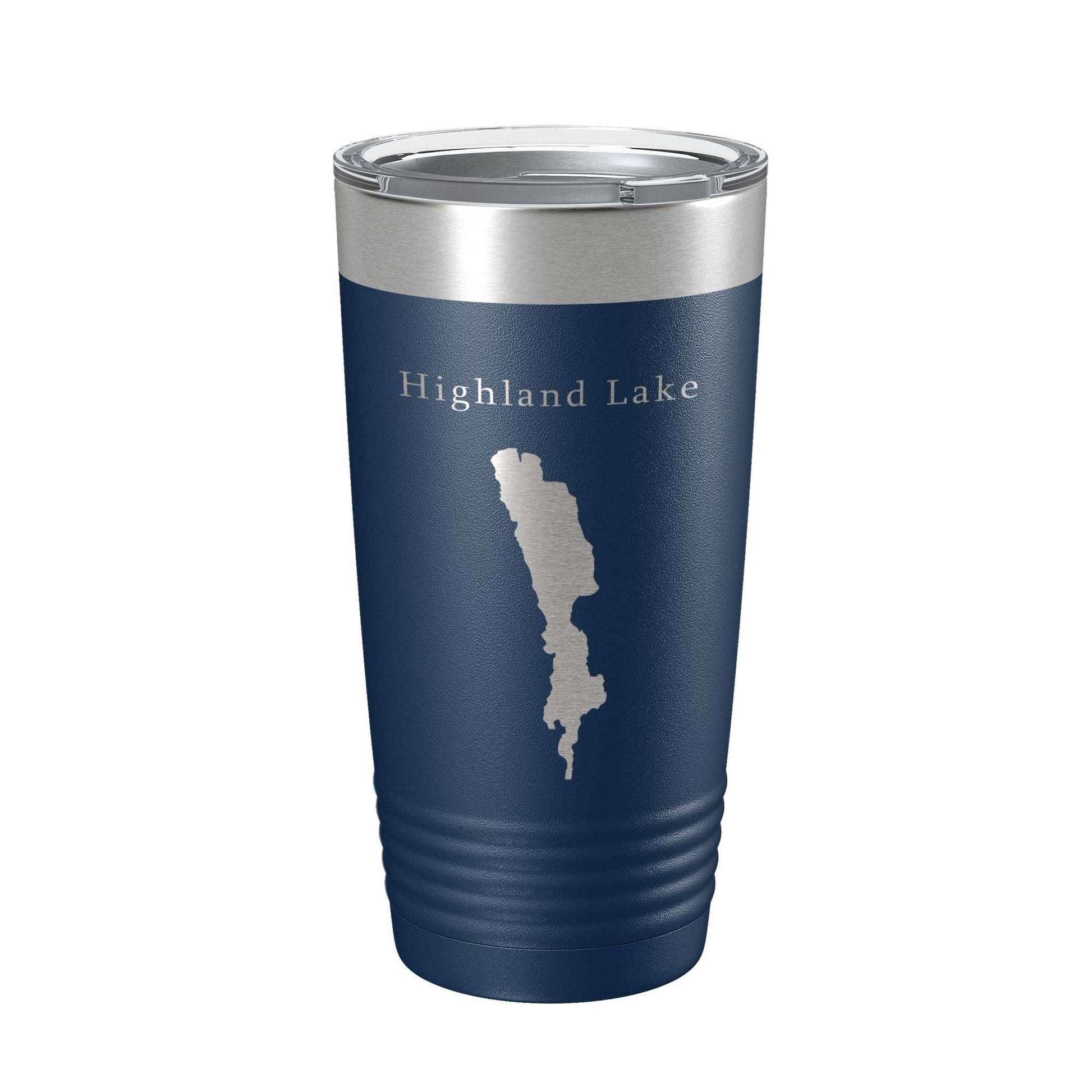 Highland Lake Map Tumbler travel mug with laser-etched map design, insulated stainless steel, 20 oz capacity, navy blue with clear lid
