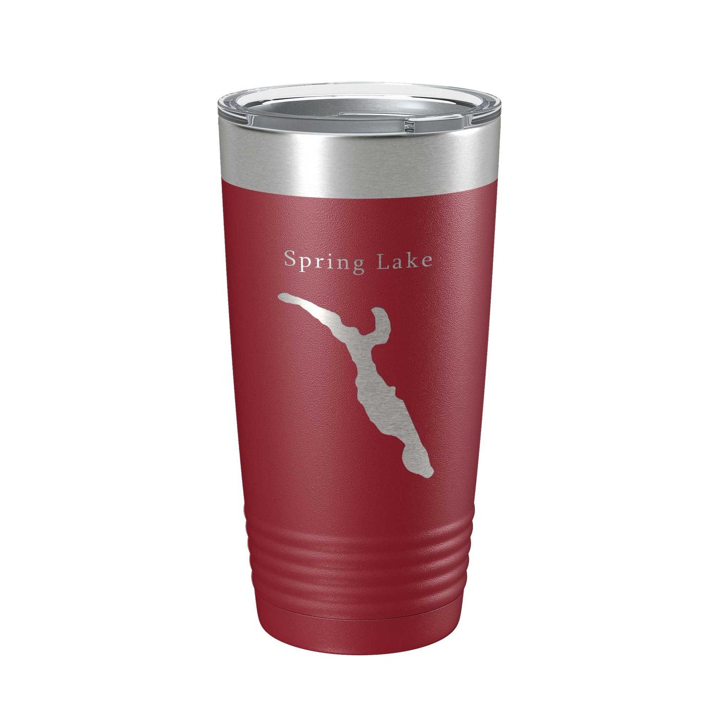 Red insulated stainless steel travel tumbler with Spring Lake Divine Park map laser-engraved and clear lid, 20 oz capacity