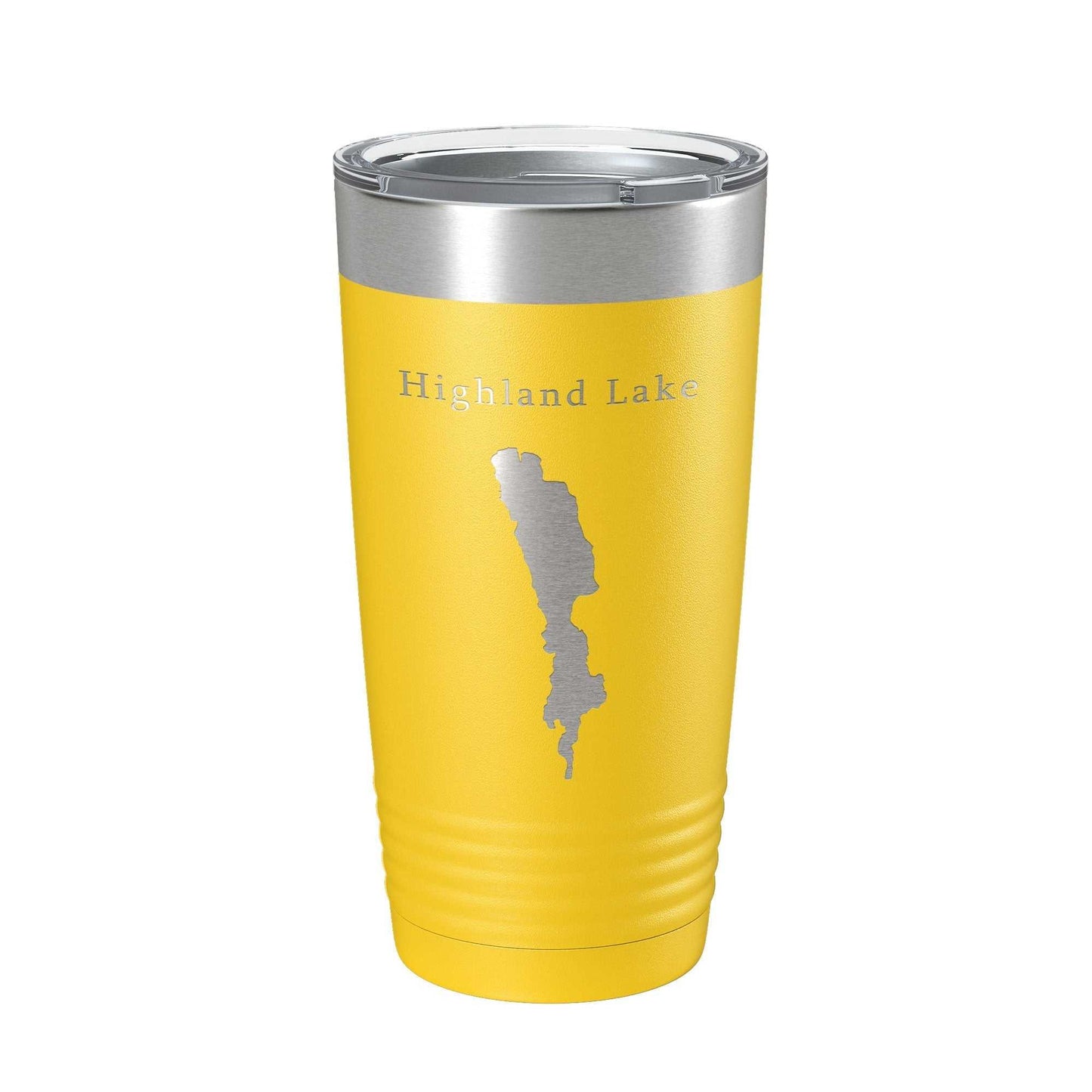 Yellow Highland Lake Map Tumbler travel mug with laser engraved design and clear lid, insulated stainless steel 20 oz cup