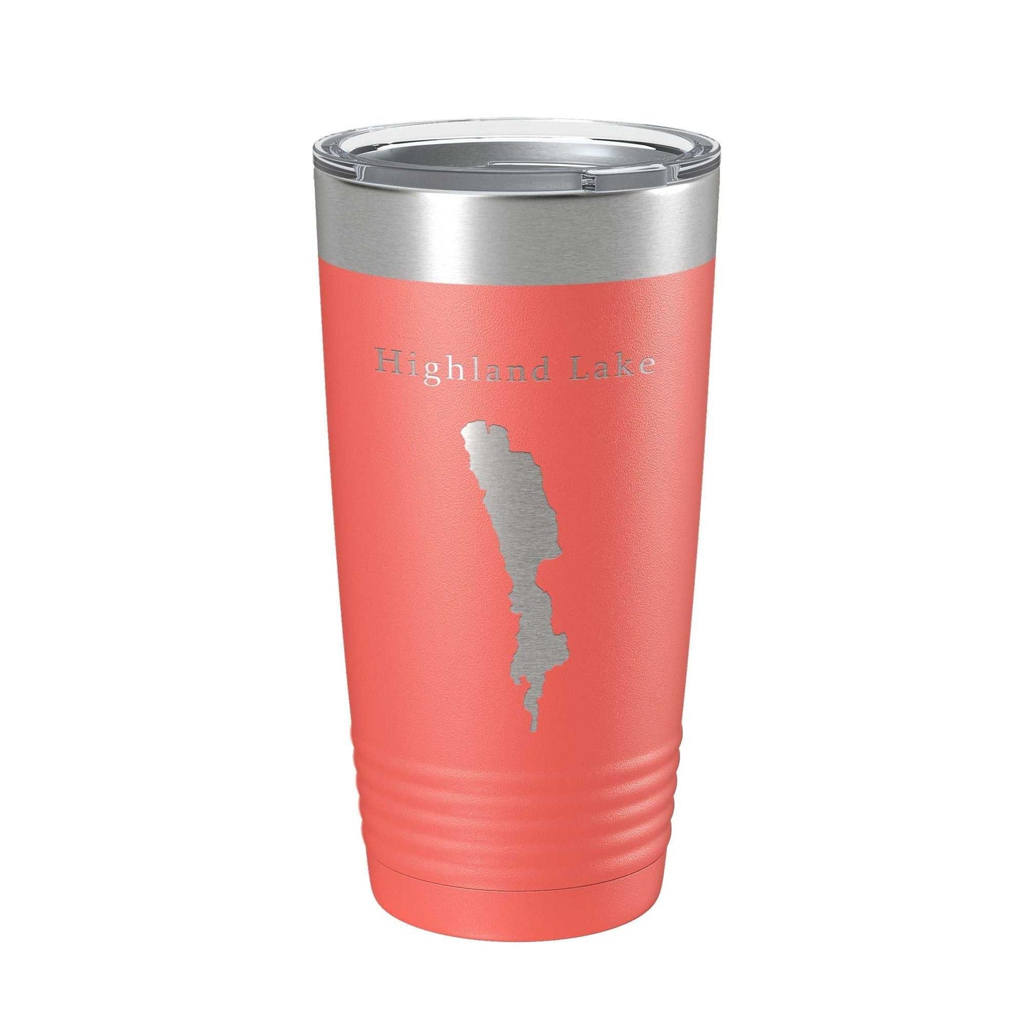 Highland Lake Map Tumbler travel mug in coral with laser-engraved lake design, stainless steel insulated coffee cup with clear lid, 20 oz capacity