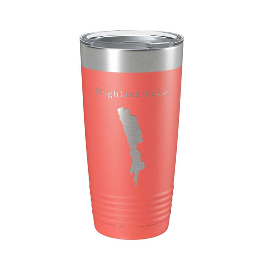 Highland Lake Map Tumbler travel mug in coral with laser-engraved lake design, stainless steel insulated coffee cup with clear lid, 20 oz capacity