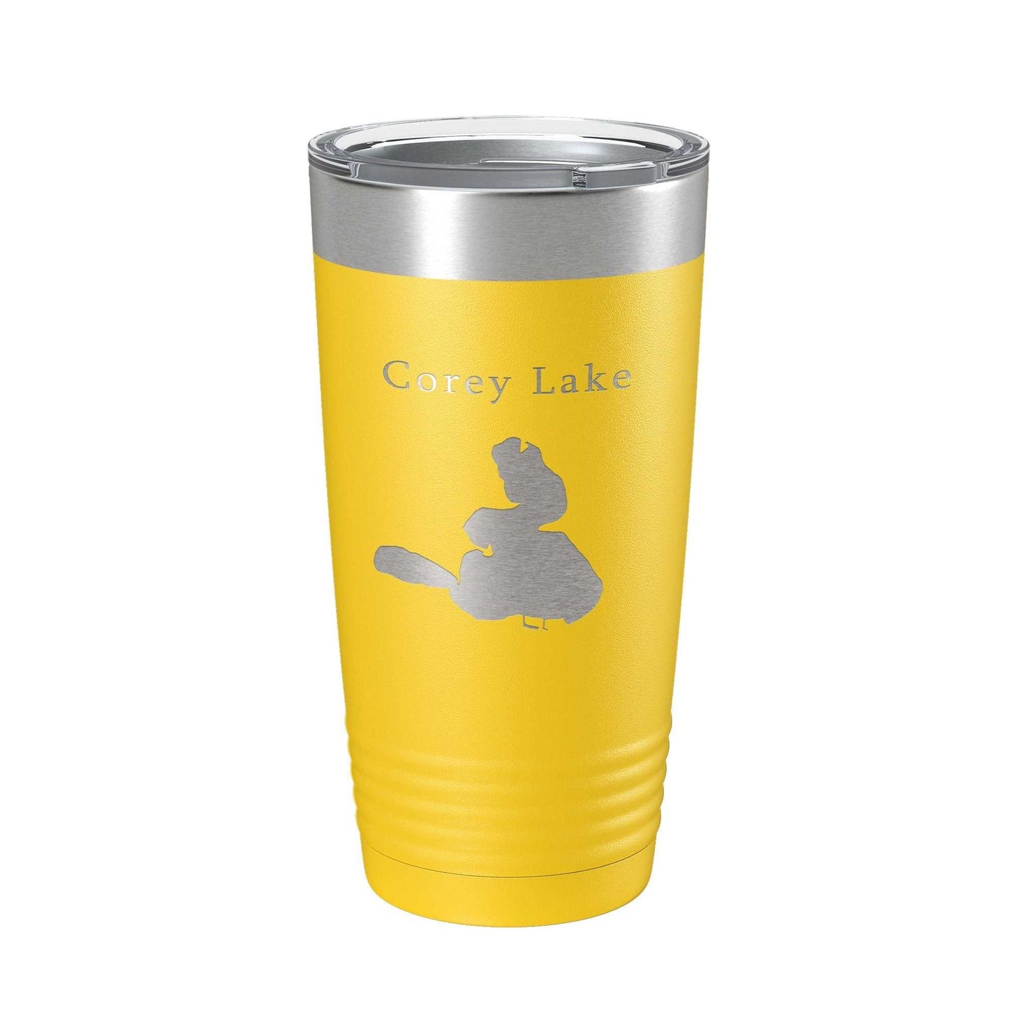 Yellow Corey Lake Map insulated stainless steel travel tumbler with clear lid and laser etched design