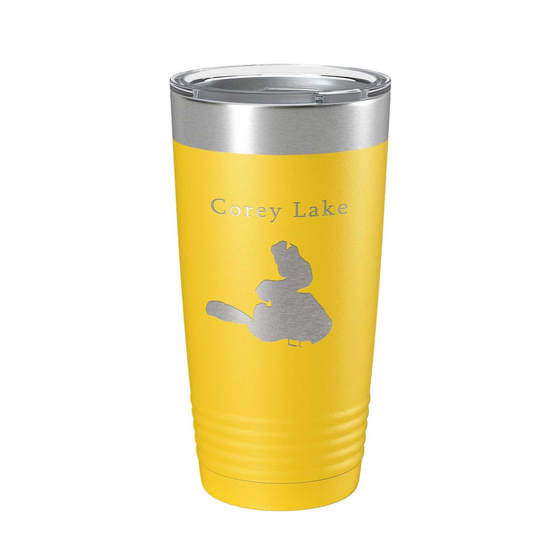 Yellow Corey Lake Map insulated stainless steel travel tumbler with clear lid and laser etched design