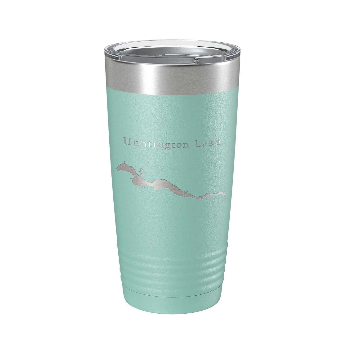 Huntington Lake map tumbler travel mug 20 oz insulated stainless steel coffee cup with laser engraved design and clear lid