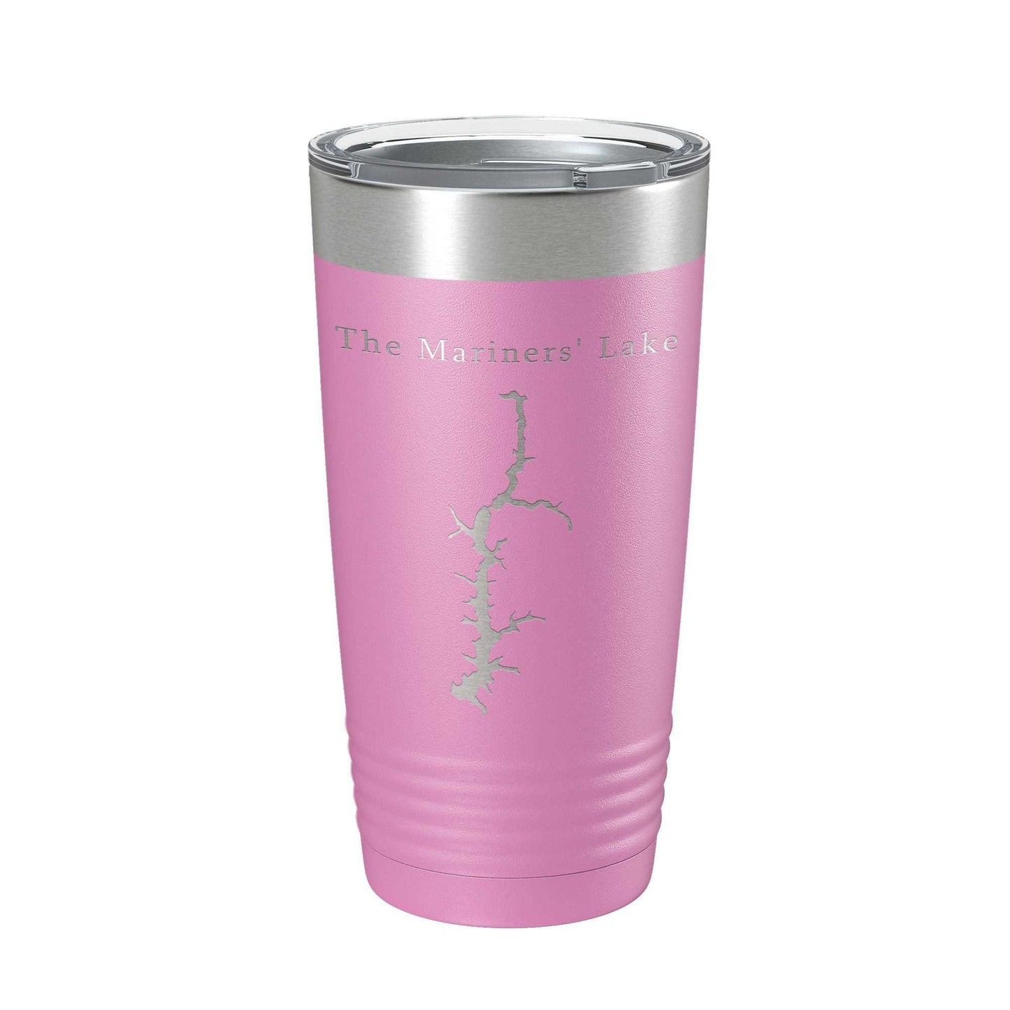 Pink Mariners' Lake Map insulated stainless steel travel tumbler with clear lid and laser-etched design, 20 oz capacity