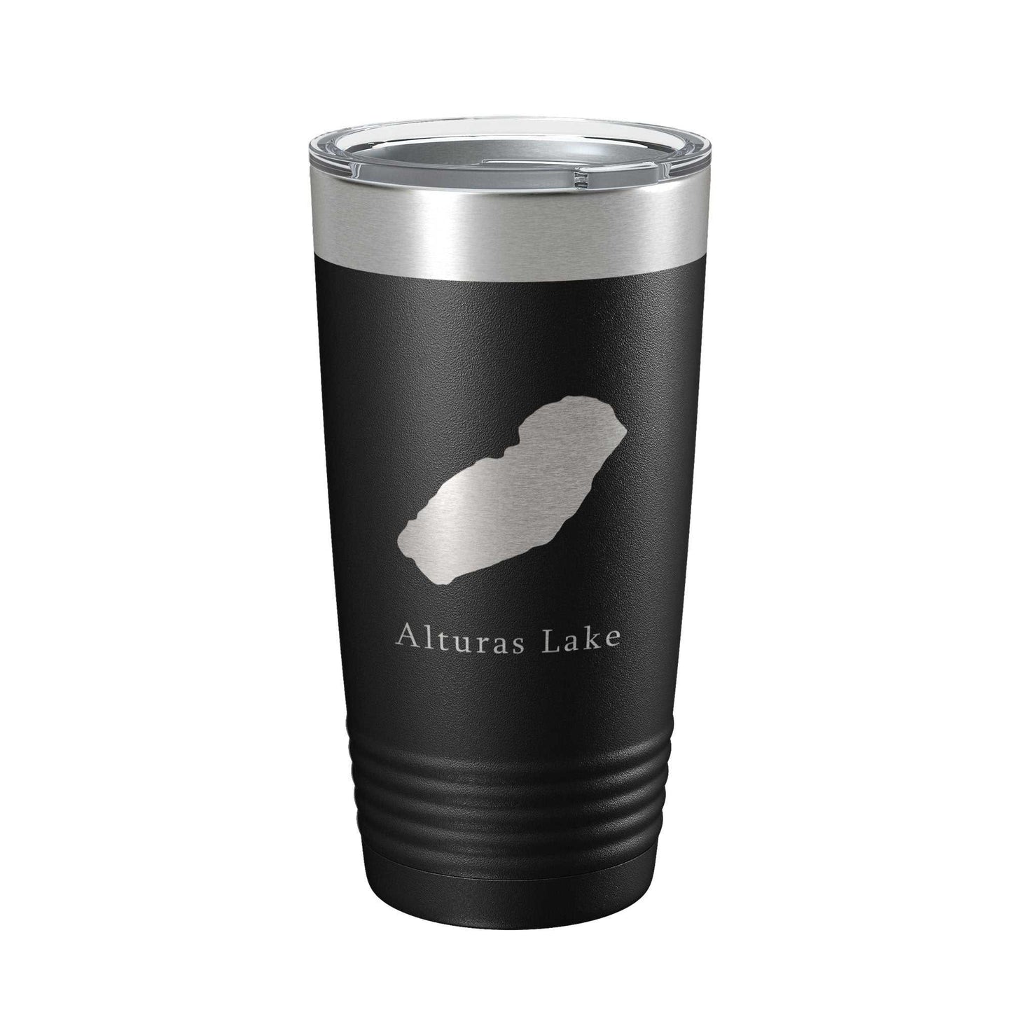 Black insulated Alturas Lake Map Tumbler with laser engraved stainless steel design and clear lid, 20 oz capacity.