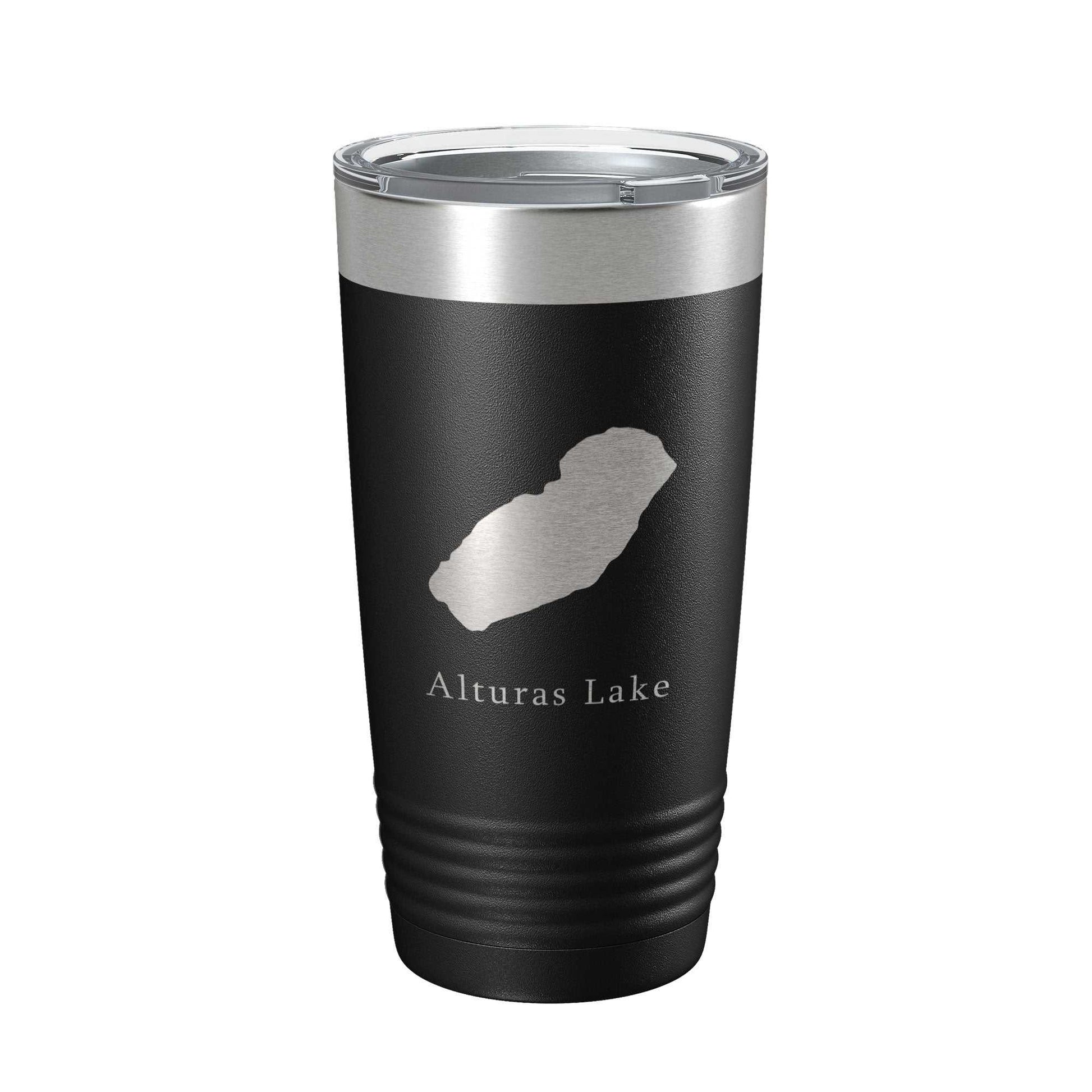 Black insulated Alturas Lake Map Tumbler with laser engraved stainless steel design and clear lid, 20 oz capacity.