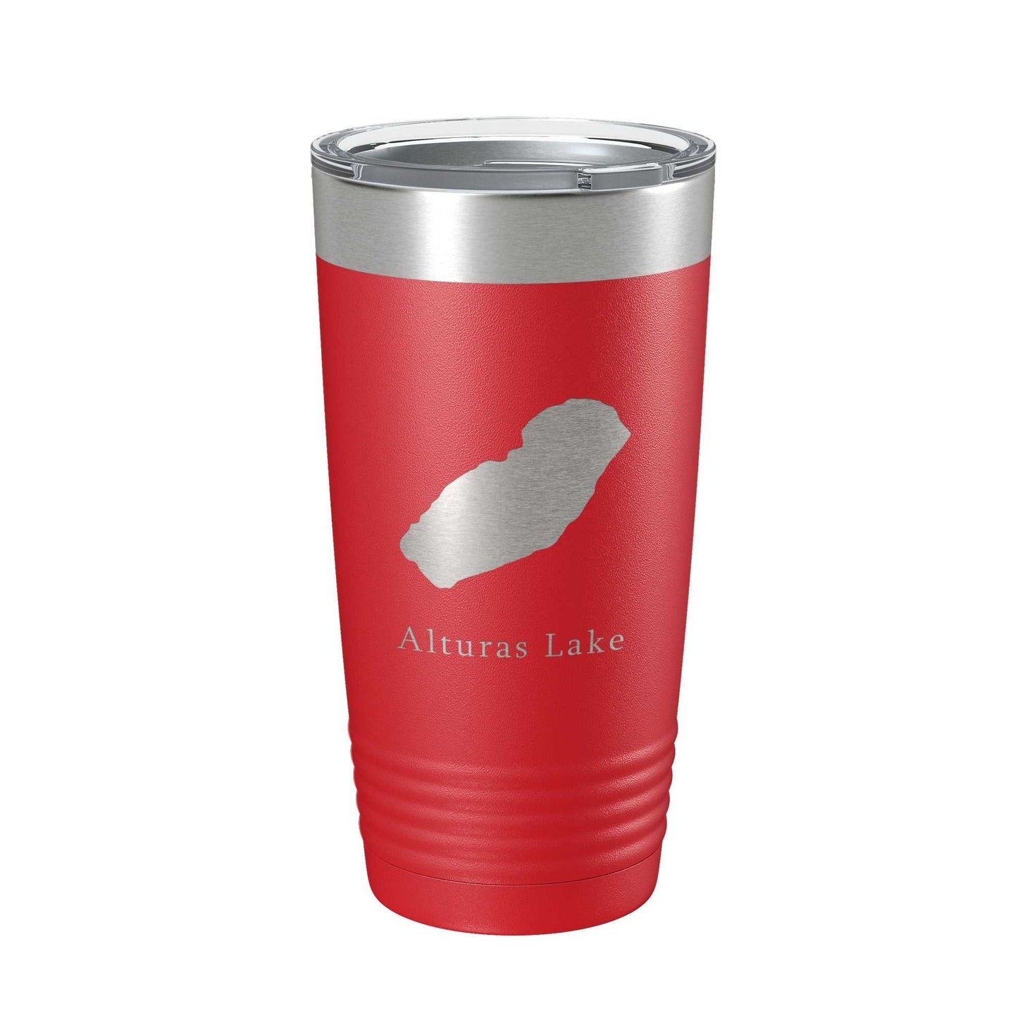 Alturas Lake Map Tumbler travel mug in red with laser engraved lake design, insulated stainless steel, 20 oz capacity, clear lid with straw hole, double-wall vacuum insulation, fits standard cup holders
