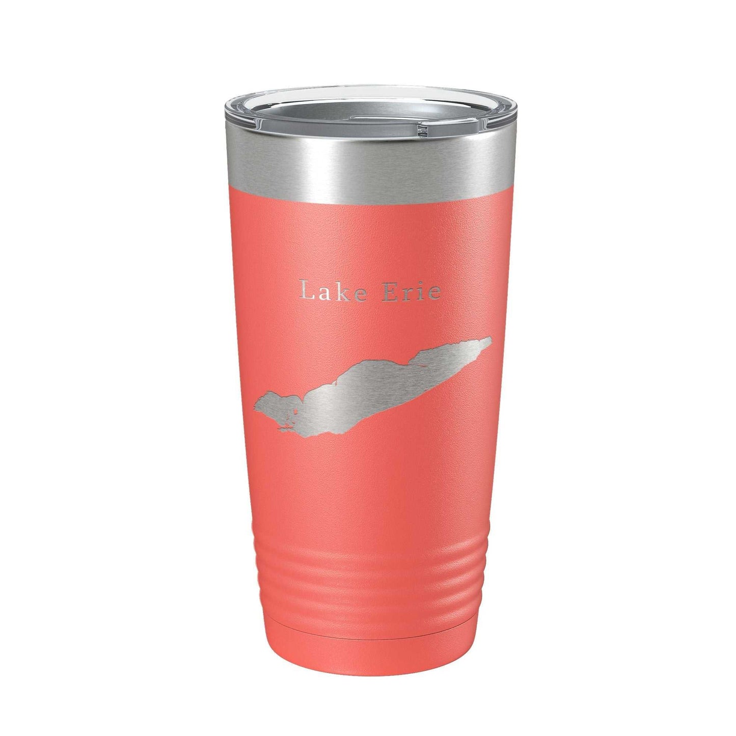 Coral 20 oz stainless steel travel mug with laser-etched Lake Erie map and clear lid, insulated for hot and cold drinks.
