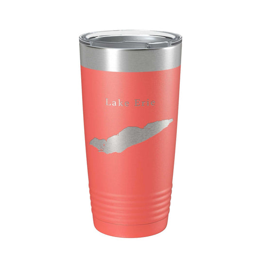 Coral 20 oz stainless steel travel mug with laser-etched Lake Erie map and clear lid, insulated for hot and cold drinks.