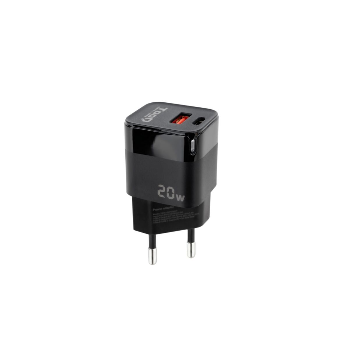Black Wall Charger TooQ TQWC-QCPD20 with EU plug, 20W power, USB and USB-C ports, fast and safe charging, LED indicator.