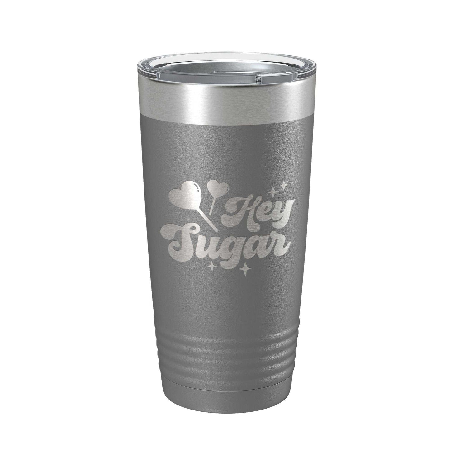 Gray stainless steel Hey Sugar Tumbler travel mug with laser engraved design and clear lid